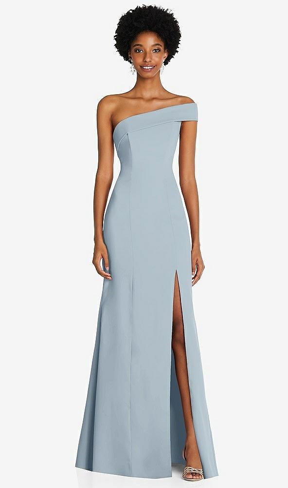 asymmetrical off-the-shoulder cuff trumpet gown with front slit