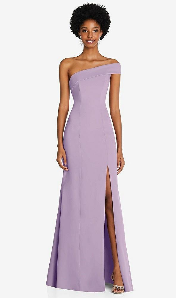 asymmetrical off-the-shoulder cuff trumpet gown with front slit