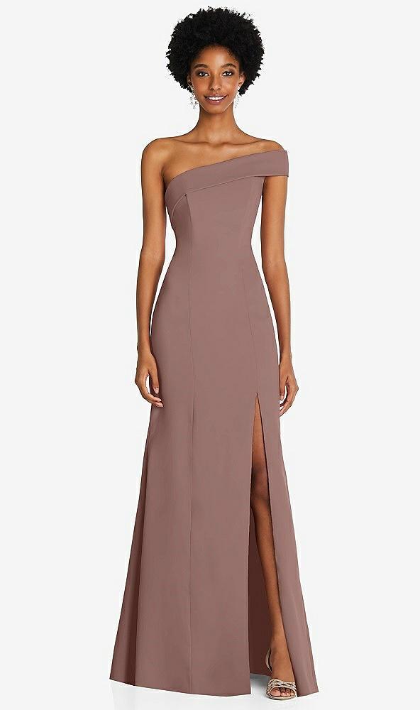 asymmetrical off-the-shoulder cuff trumpet gown with front slit