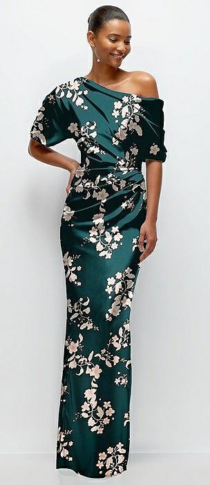 asymmetrical off-the-shoulder draped floral satin maxi dress