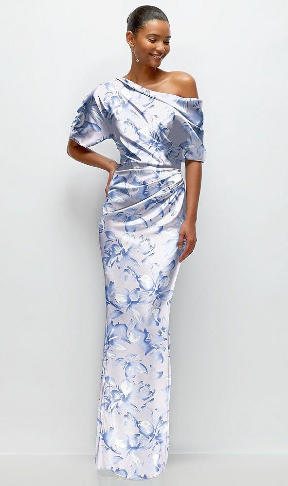 asymmetrical off-the-shoulder draped floral satin maxi dress