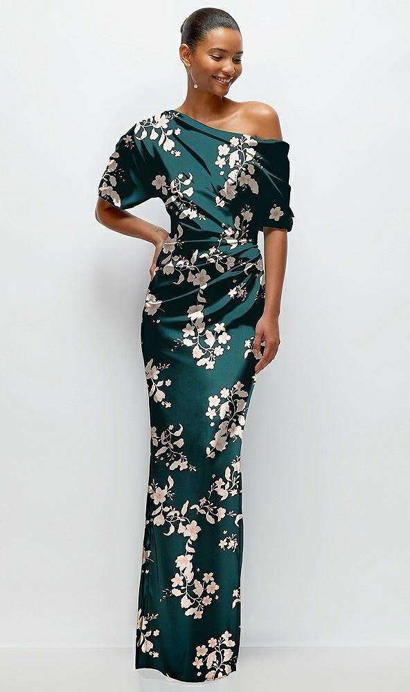 asymmetrical off-the-shoulder draped floral satin maxi dress