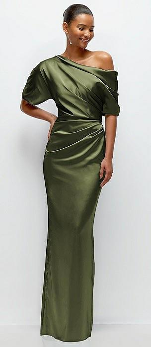 asymmetrical off-the-shoulder pleated satin maxi dress