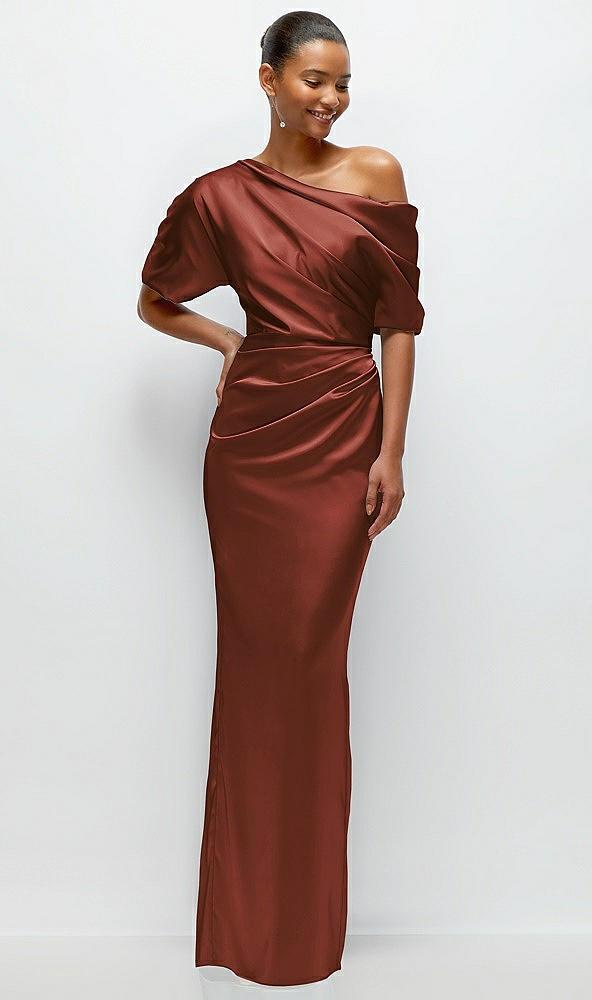 asymmetrical off-the-shoulder pleated satin maxi dress