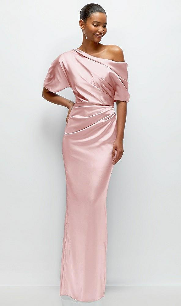 asymmetrical off-the-shoulder pleated satin maxi dress