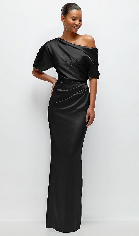 asymmetrical off-the-shoulder pleated satin maxi dress