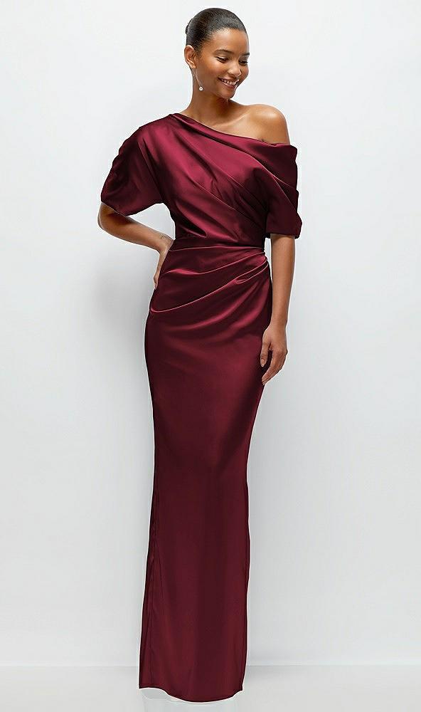asymmetrical off-the-shoulder pleated satin maxi dress