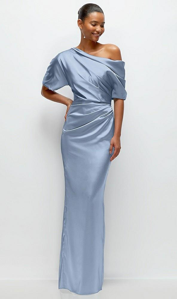 asymmetrical off-the-shoulder pleated satin maxi dress