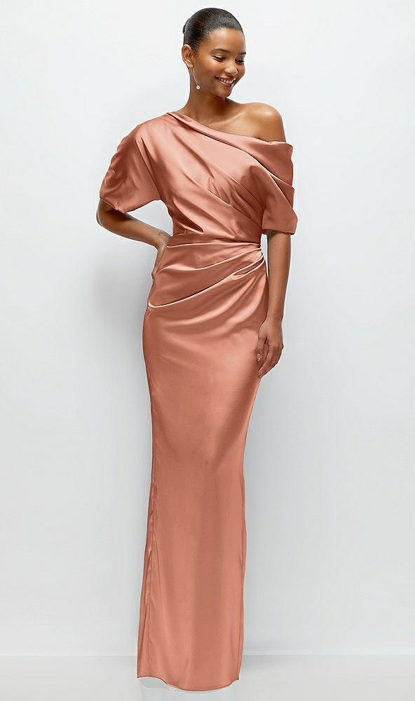 asymmetrical off-the-shoulder pleated satin maxi dress