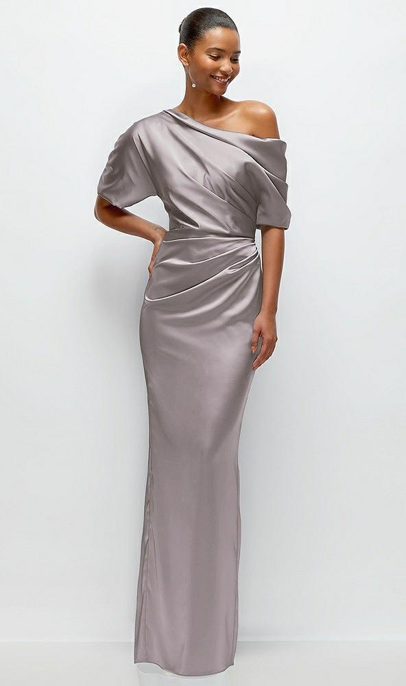 asymmetrical off-the-shoulder pleated satin maxi dress