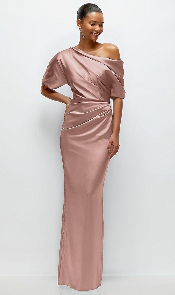 asymmetrical off-the-shoulder pleated satin maxi dress
