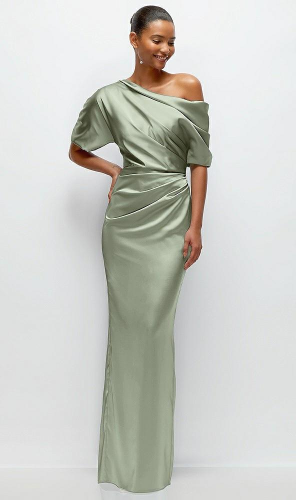 asymmetrical off-the-shoulder pleated satin maxi dress