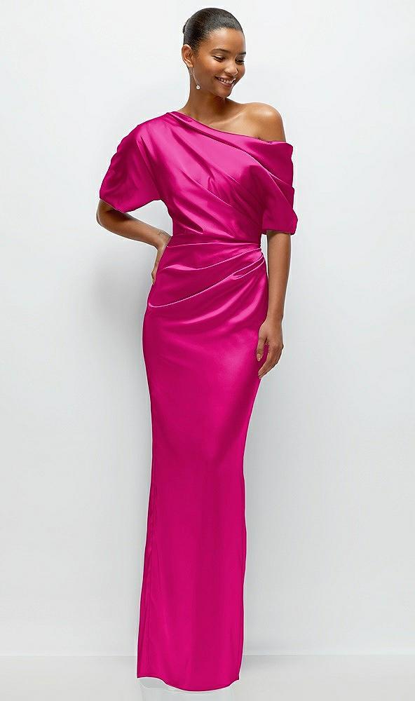 asymmetrical off-the-shoulder pleated satin maxi dress