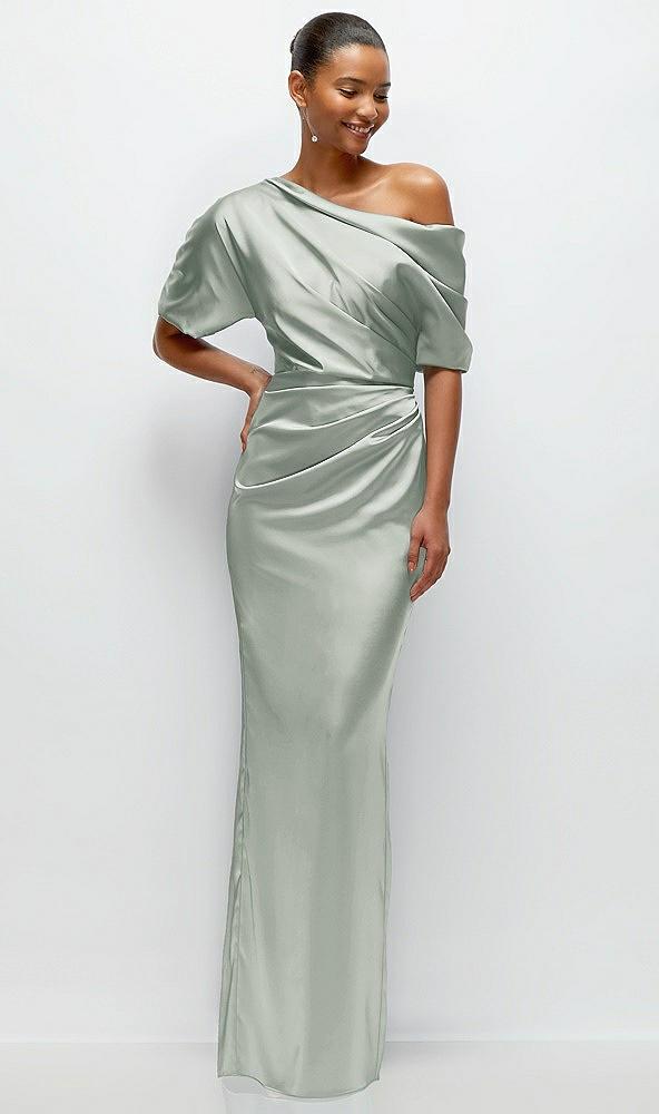 asymmetrical off-the-shoulder pleated satin maxi dress