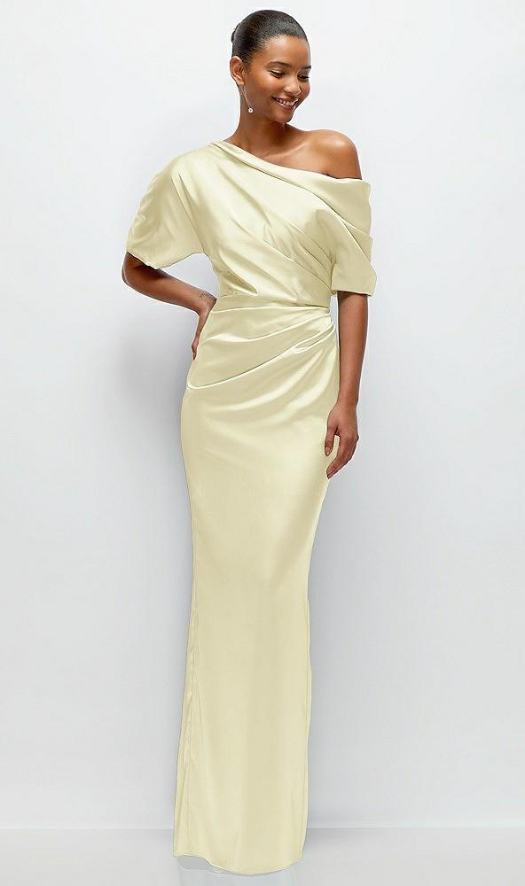 asymmetrical off-the-shoulder pleated satin maxi dress