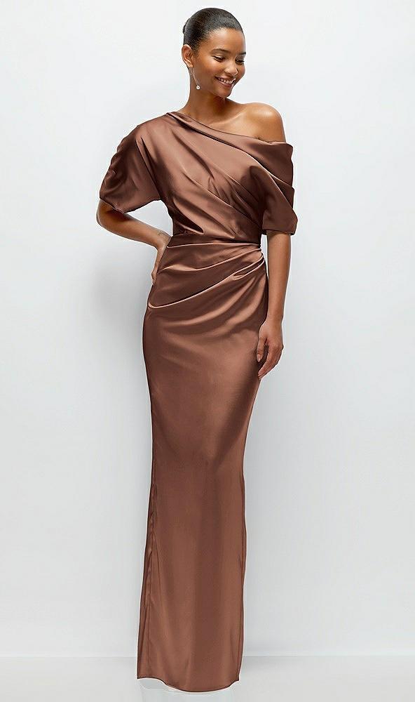 asymmetrical off-the-shoulder pleated satin maxi dress