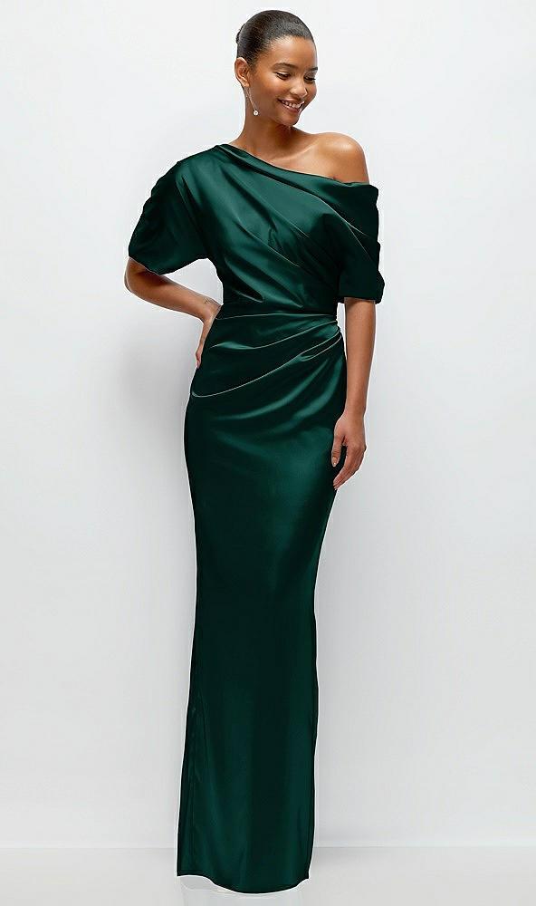 asymmetrical off-the-shoulder pleated satin maxi dress