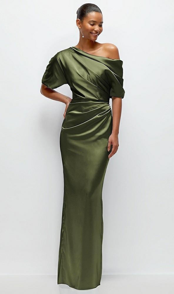 asymmetrical off-the-shoulder pleated satin maxi dress