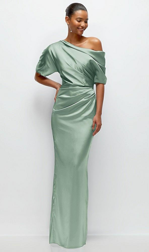asymmetrical off-the-shoulder pleated satin maxi dress