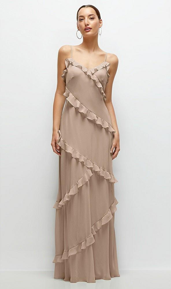asymmetrical ruffle chiffon bias slip maxi dress