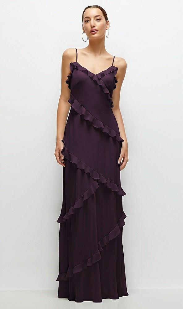 asymmetrical ruffle chiffon bias slip maxi dress