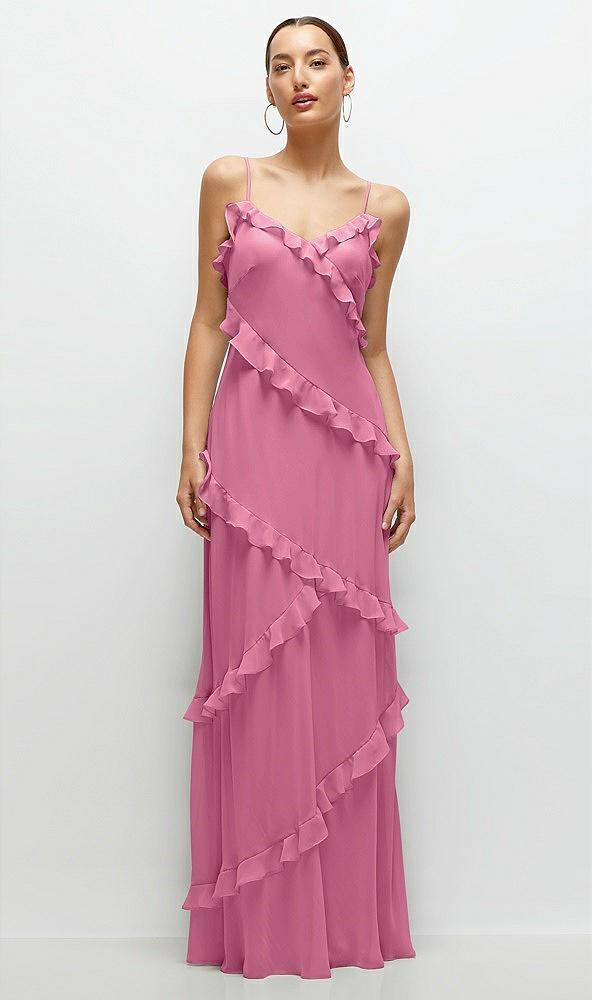 asymmetrical ruffle chiffon bias slip maxi dress