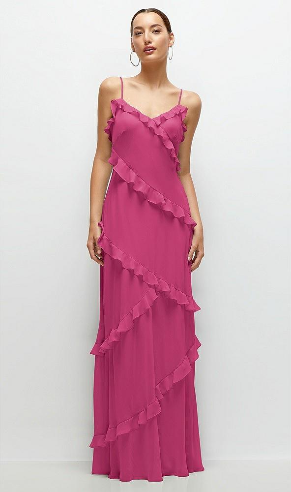 asymmetrical ruffle chiffon bias slip maxi dress