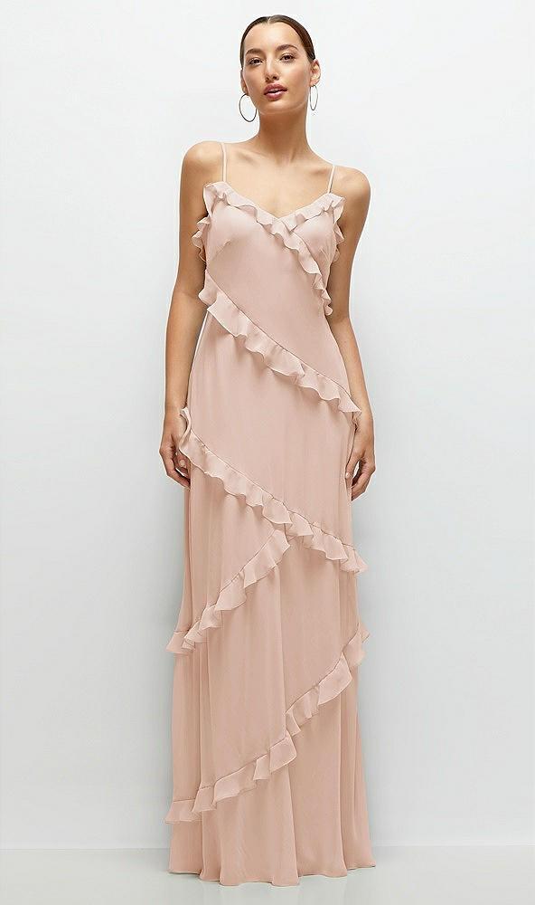 asymmetrical ruffle chiffon bias slip maxi dress
