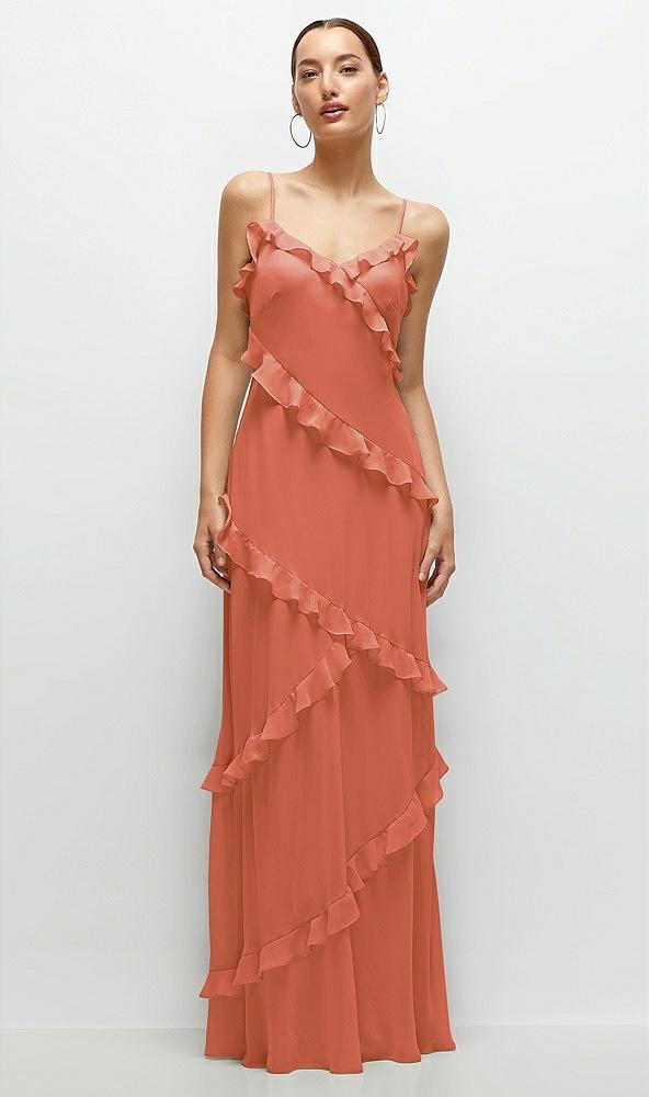 asymmetrical ruffle chiffon bias slip maxi dress