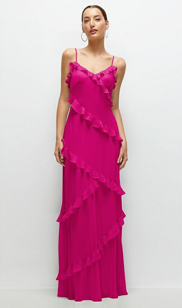 asymmetrical ruffle chiffon bias slip maxi dress