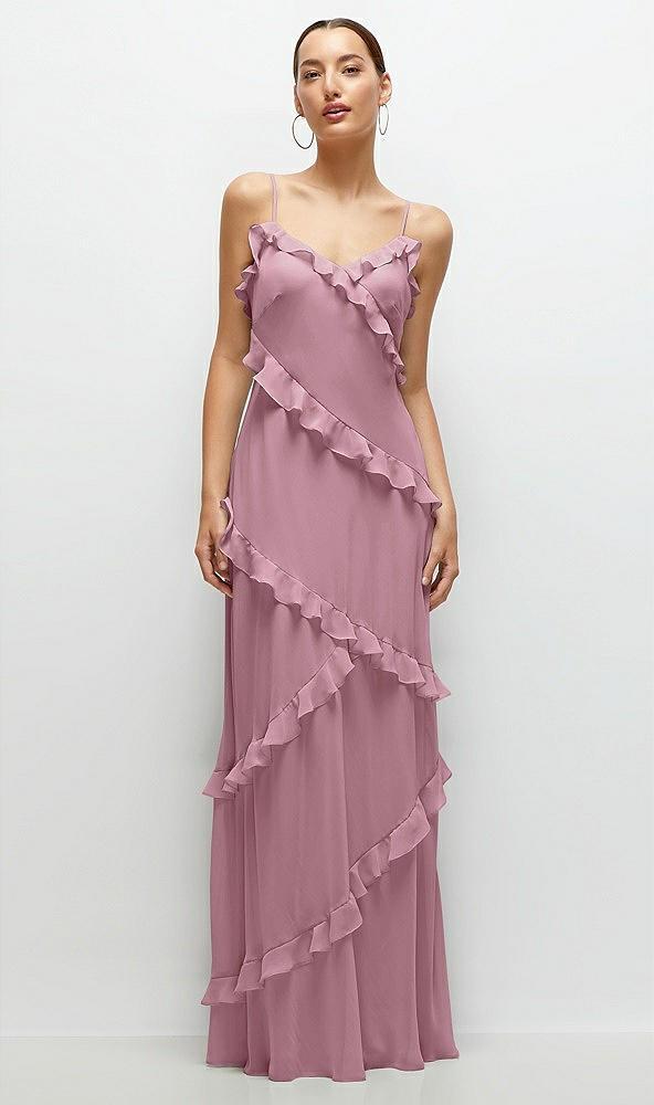 asymmetrical ruffle chiffon bias slip maxi dress