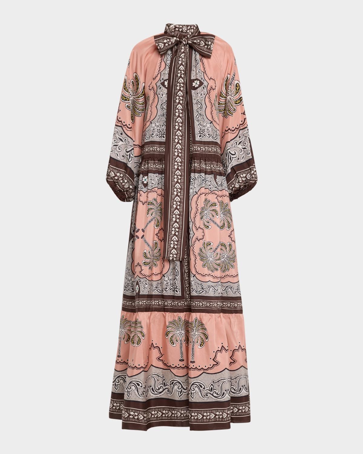 athena balloon-sleeve neck-tie silk maxi dress