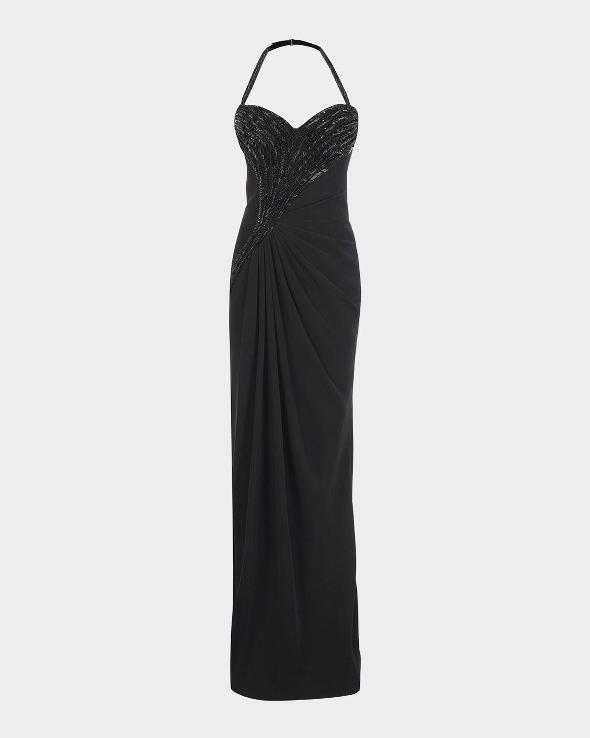 athena embroidered draped halter gown