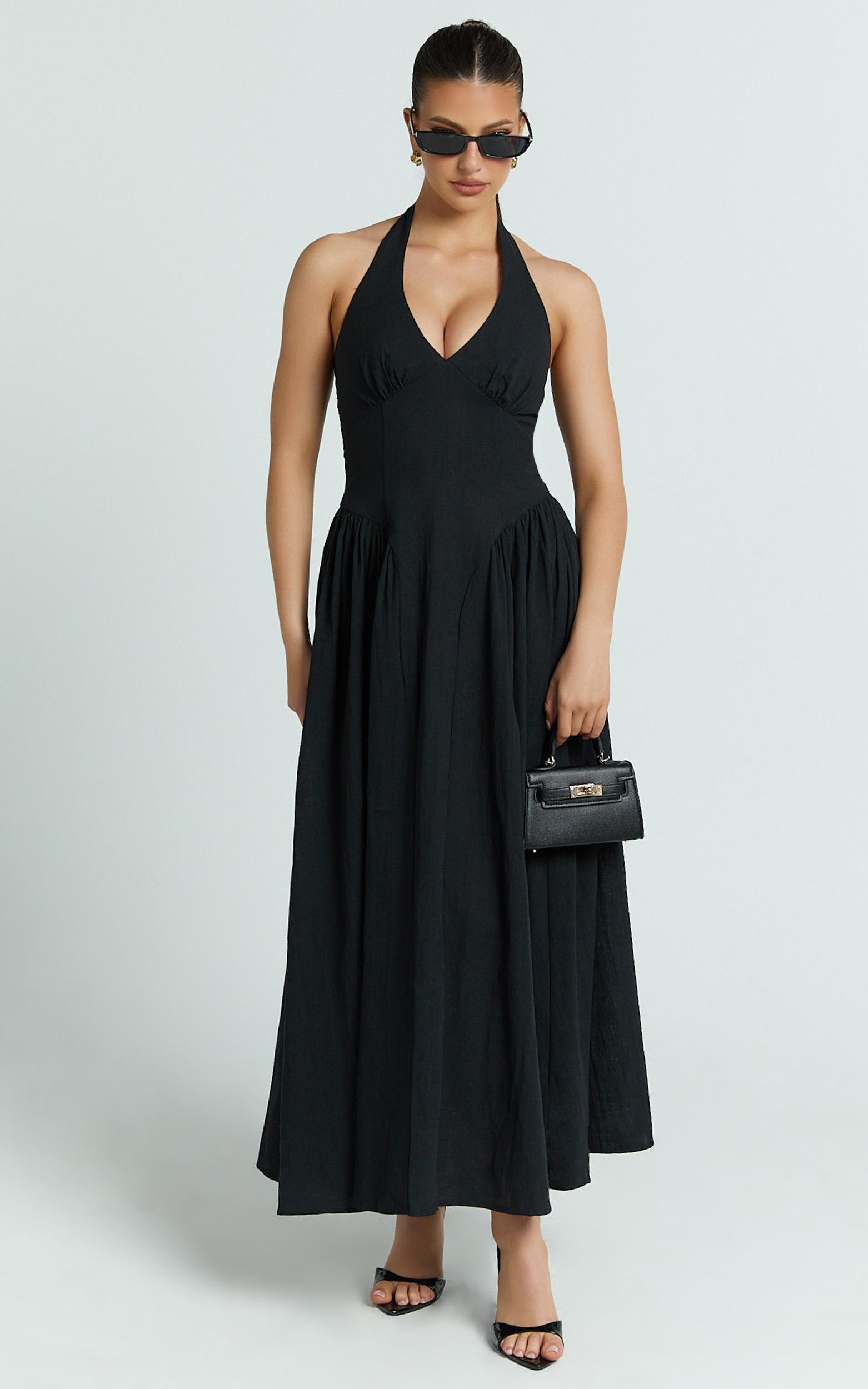 athena midi dress - halter drop waist dress in black