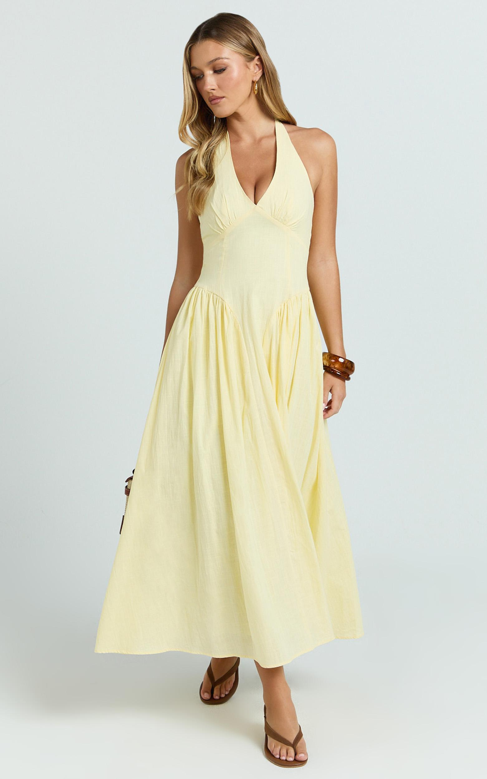 athena midi dress - halter drop waist dress in lemon