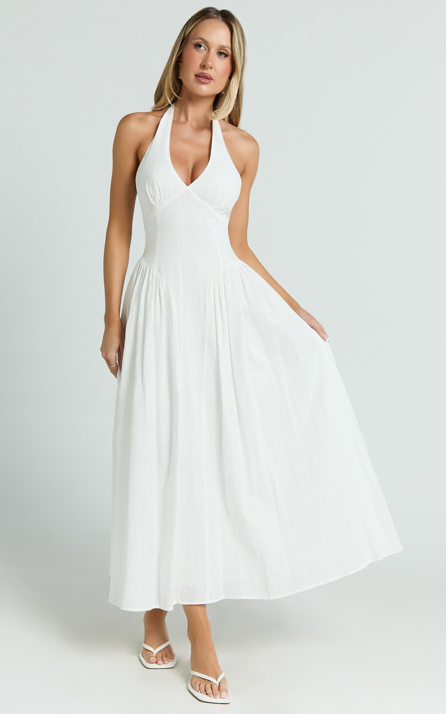 athena midi dress - halter drop waist dress in white
