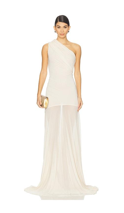 atlein asymetric draped sleeveless dress in ivory.