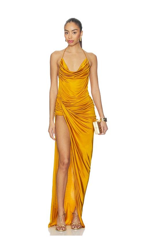 atlein draped midi dress in mustard.