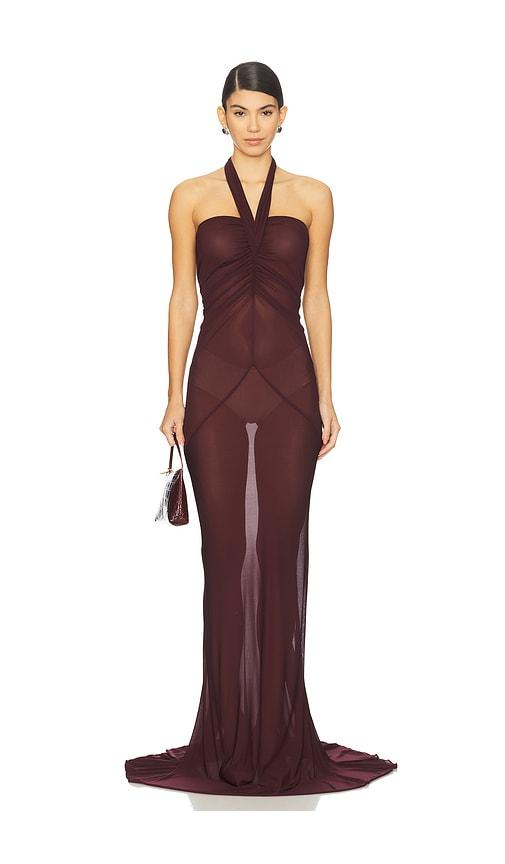 atlein halter neck ruched gown in burgundy.