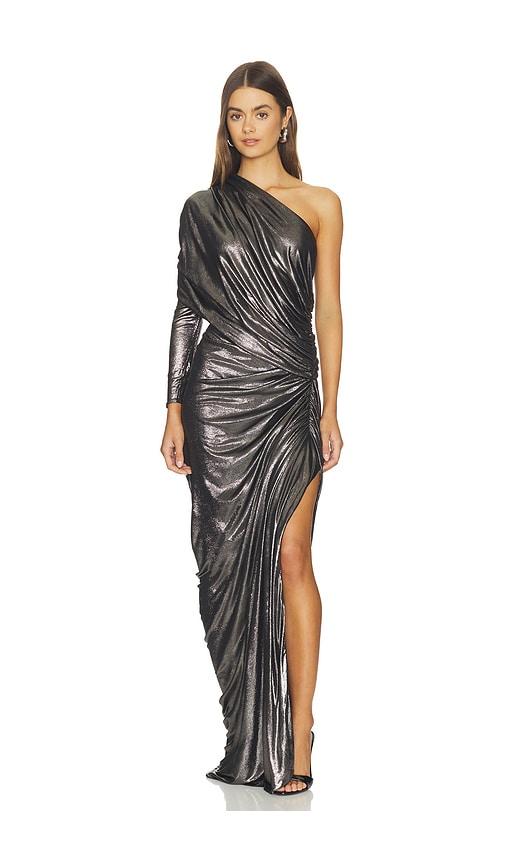 atlein one sleeve draped gown in metallic silver.