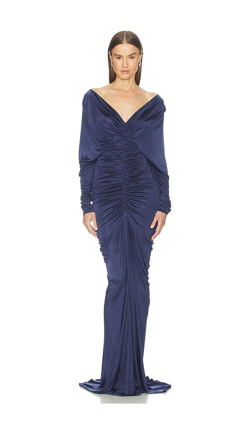 atlein v neck ruched gown in navy.