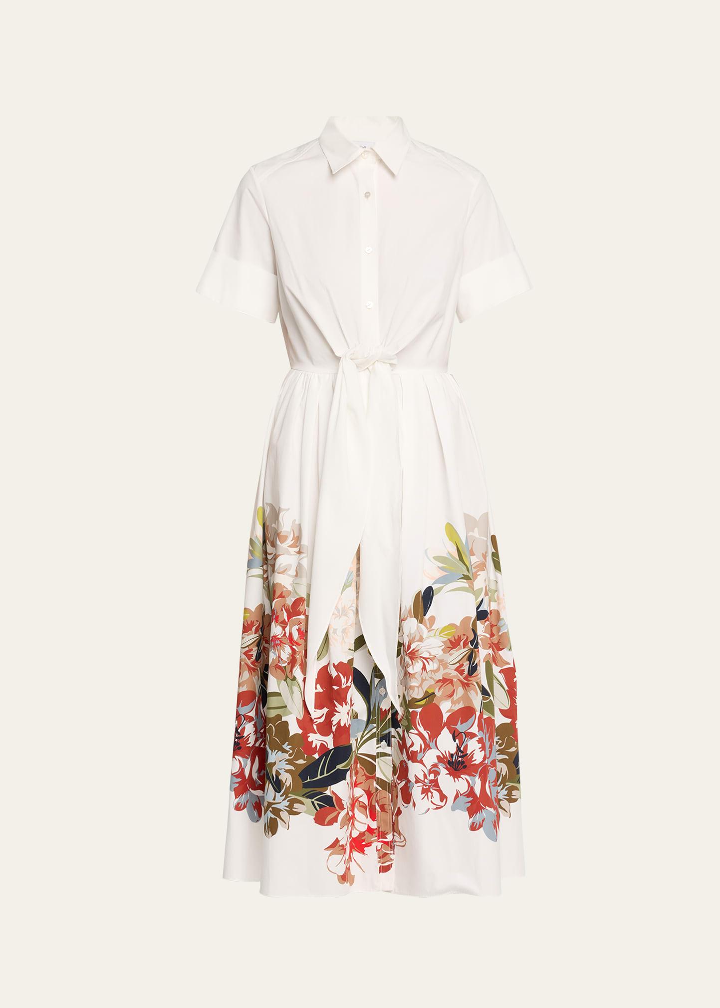 attacher printed tie-front poplin midi dress