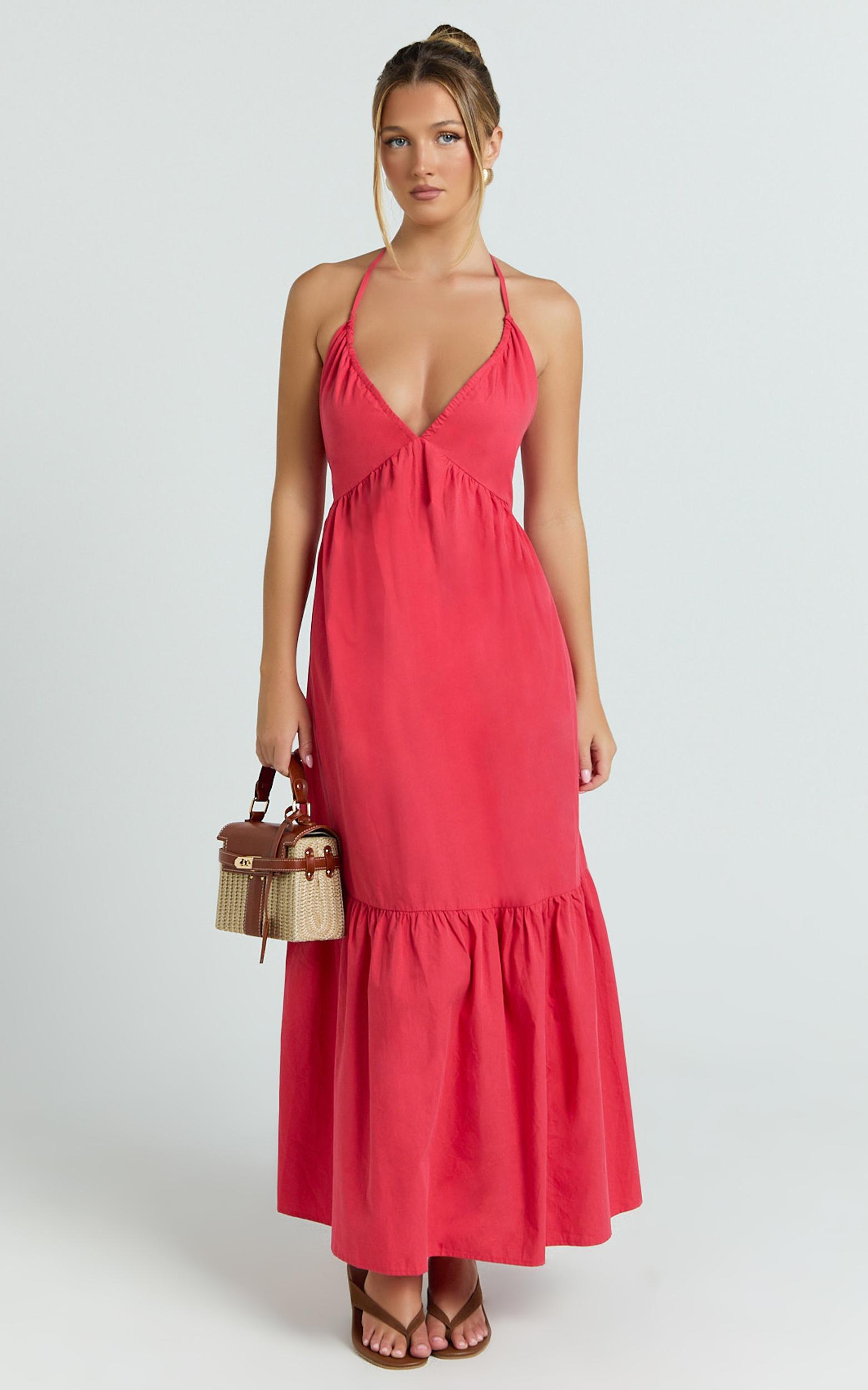augusta midi dress - gathered halter neck tiered midi dress in red