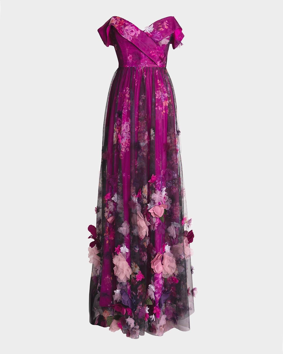 aurea off-shoulder floral applique gown