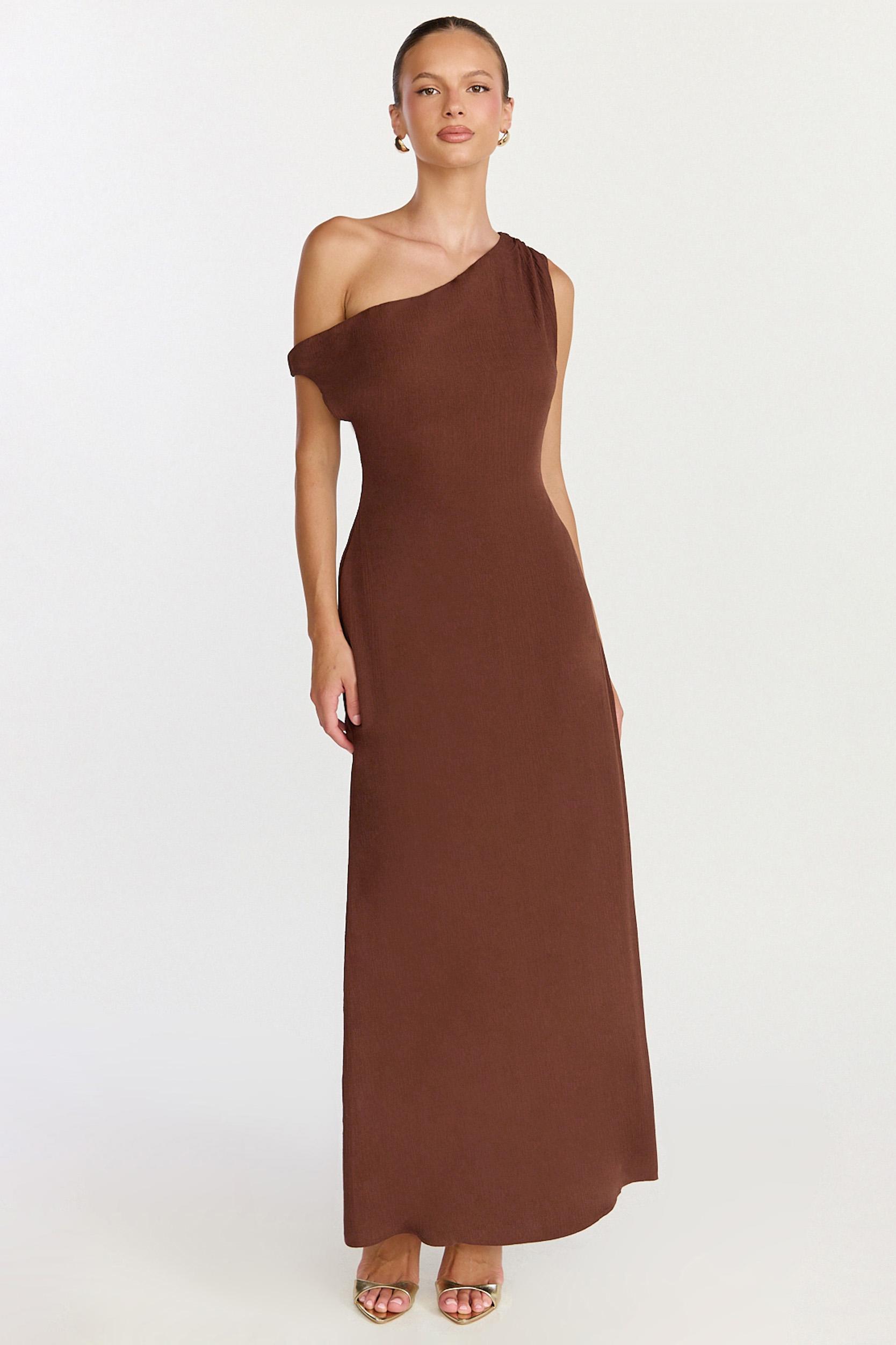 aurelie maxi dress - off shoulder column dress in chocolate