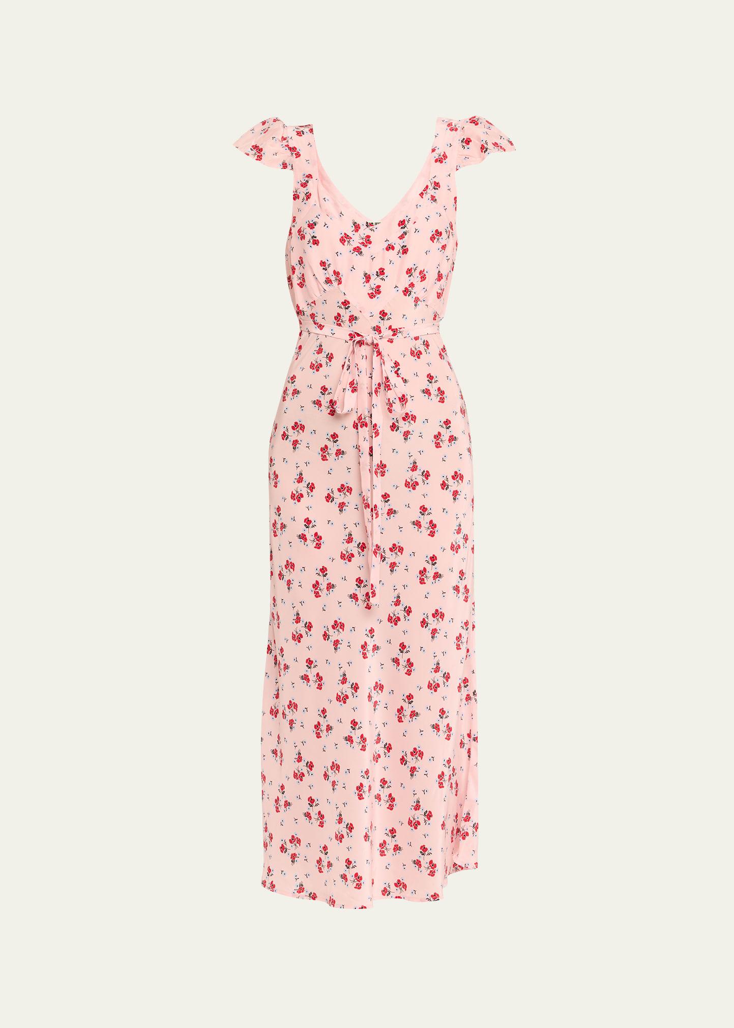 aurora floral flutter-sleeve midi dress