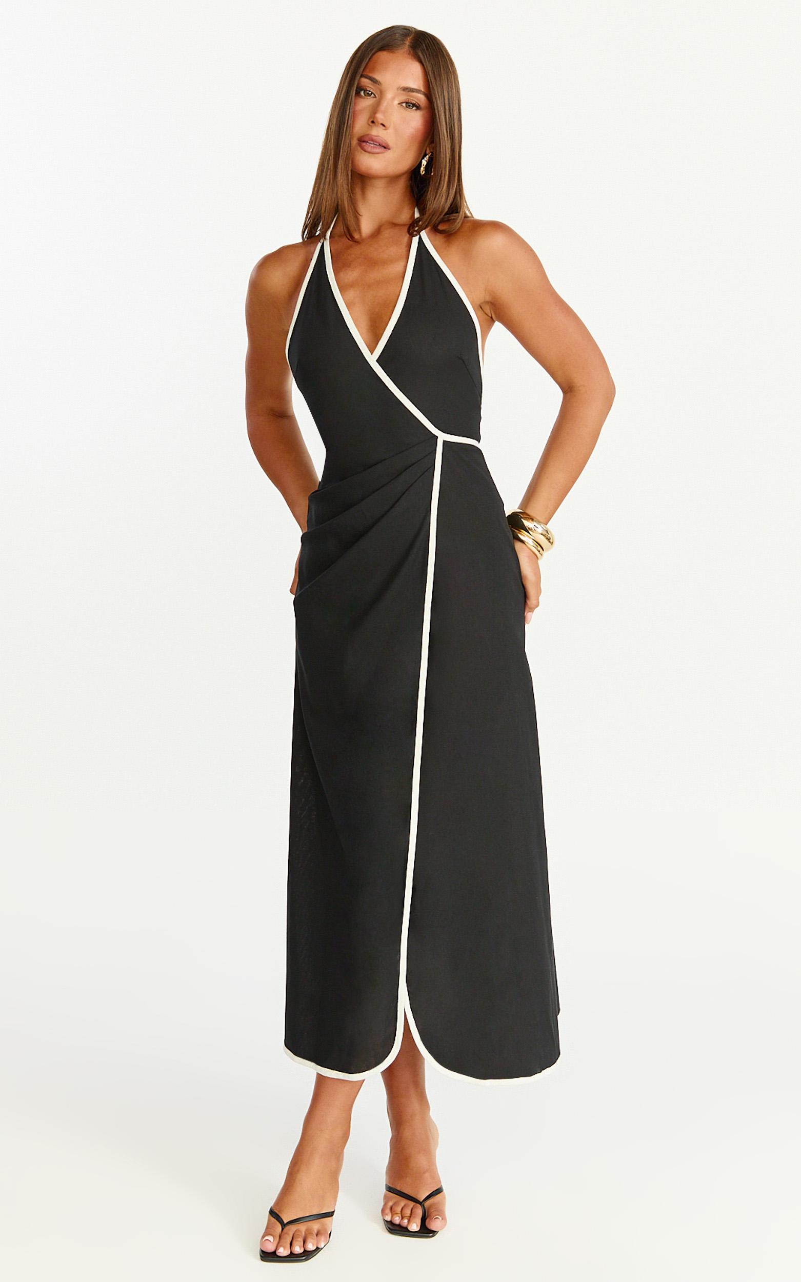 aurora midi dress - halter neck leg split wrap dress in black