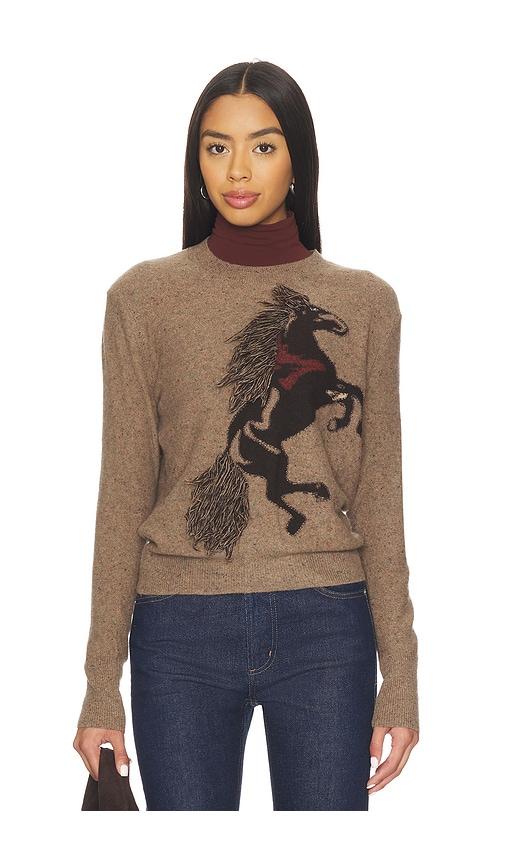 autumn cashmere intarsia horse crew sweater with fringe in brown.
