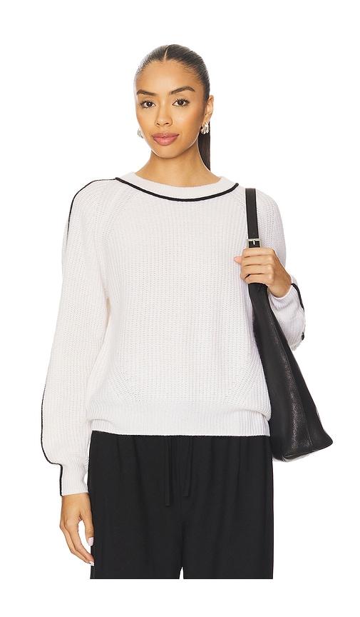autumn cashmere shaker crew sweater with contrast piping in black,white.