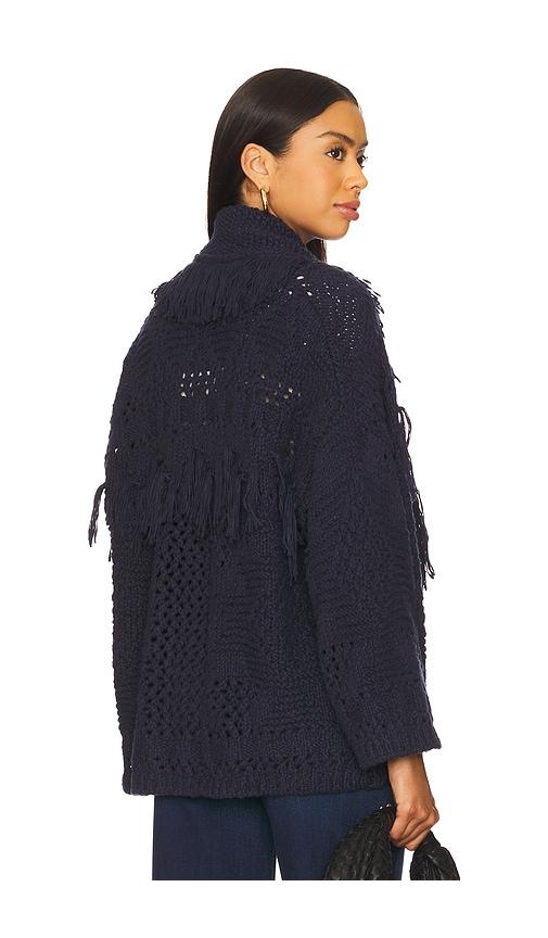 autumn cashmere southwest fringed shawl collar throw jacket in navy.